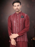 Maroon Pure SIlk Readymade Kurta Pajama With Jacket